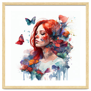 Watercolor Floral Red Hair Woman #2 by Chromatic Fusion Studio