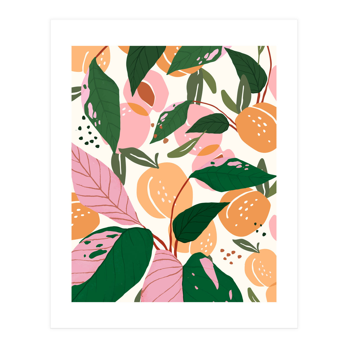 The Peach Garden , Vintage Botanical Tropical Jungle, Fruits Plants Pastel Summer Forest (Print Only)