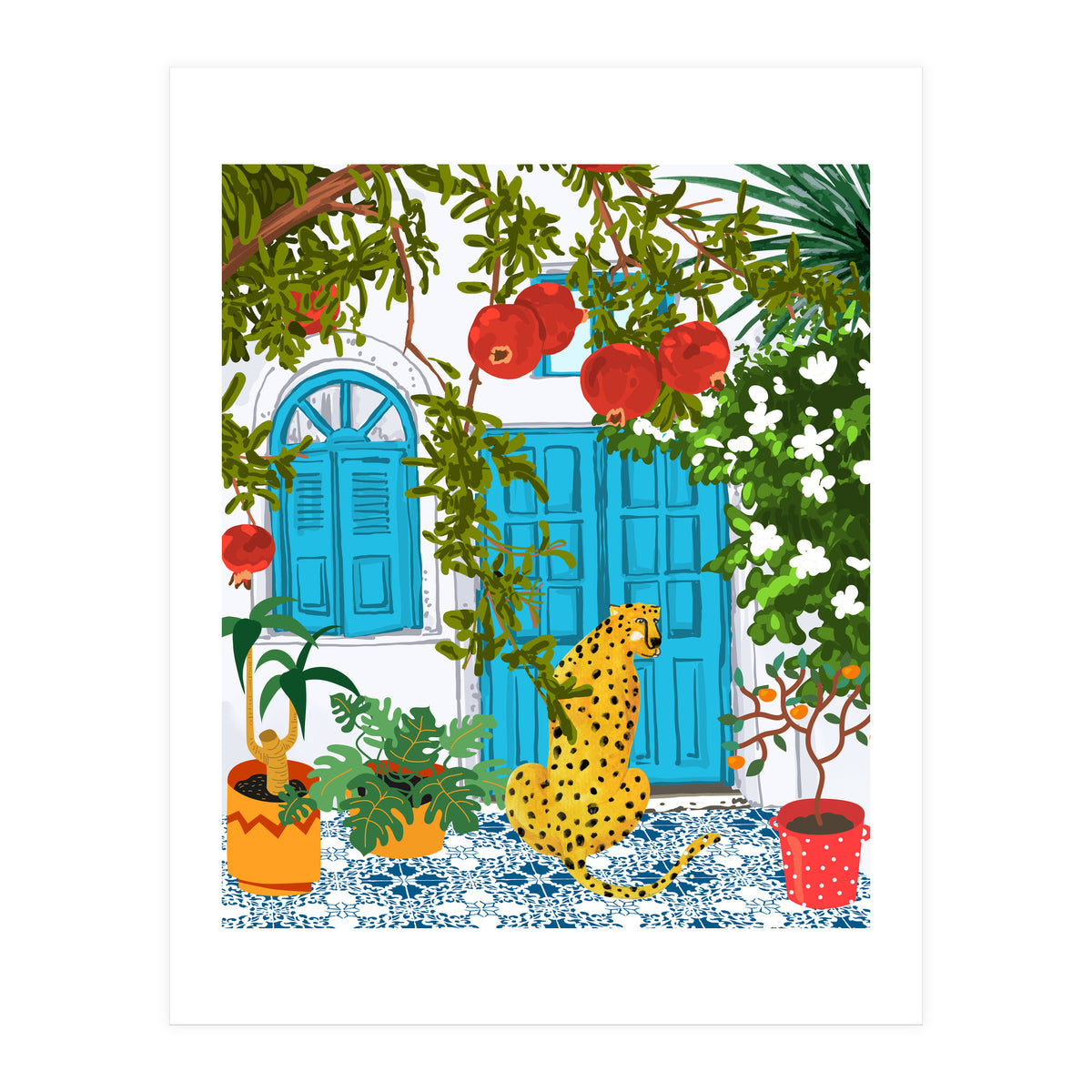 Cheetah Home, Morocco Architecture Illustration, Greece Cats Tropical Urban Jungle Pomegranate (Print Only)