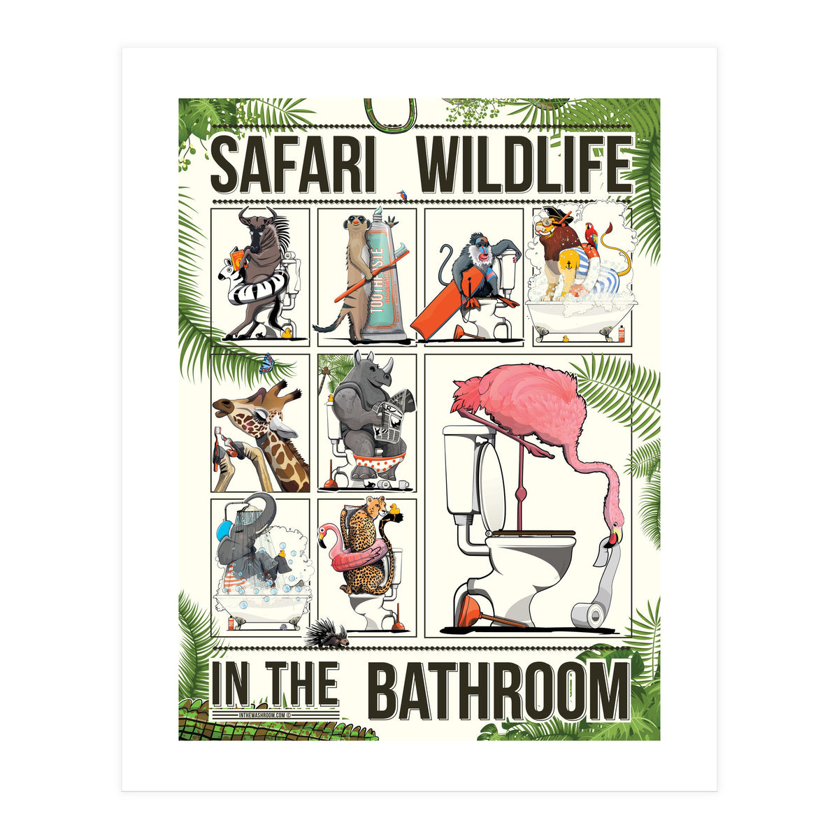 Safari wildlife animals in the bathroom, funny toilet humour. (Print Only)