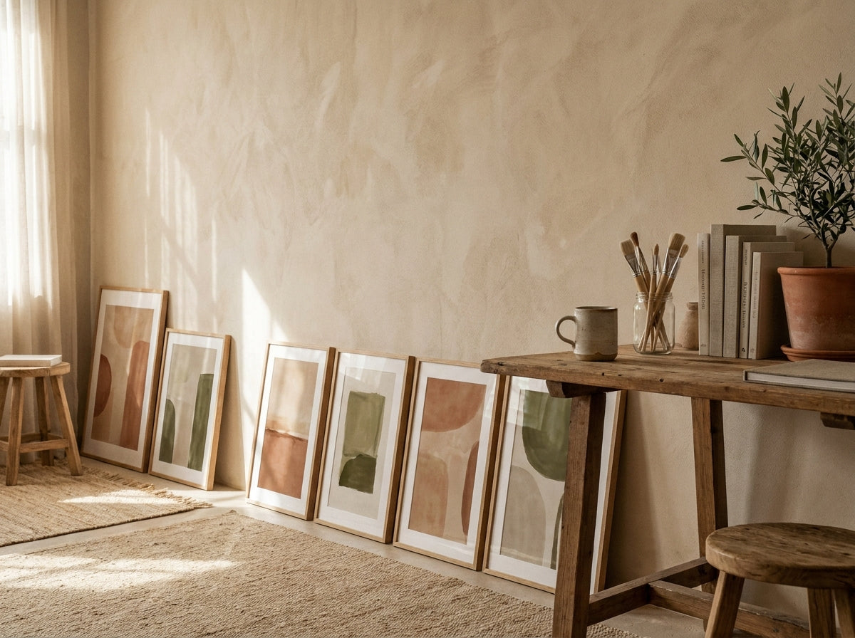 A row of an artist's finished framed prints in a sunlit studio