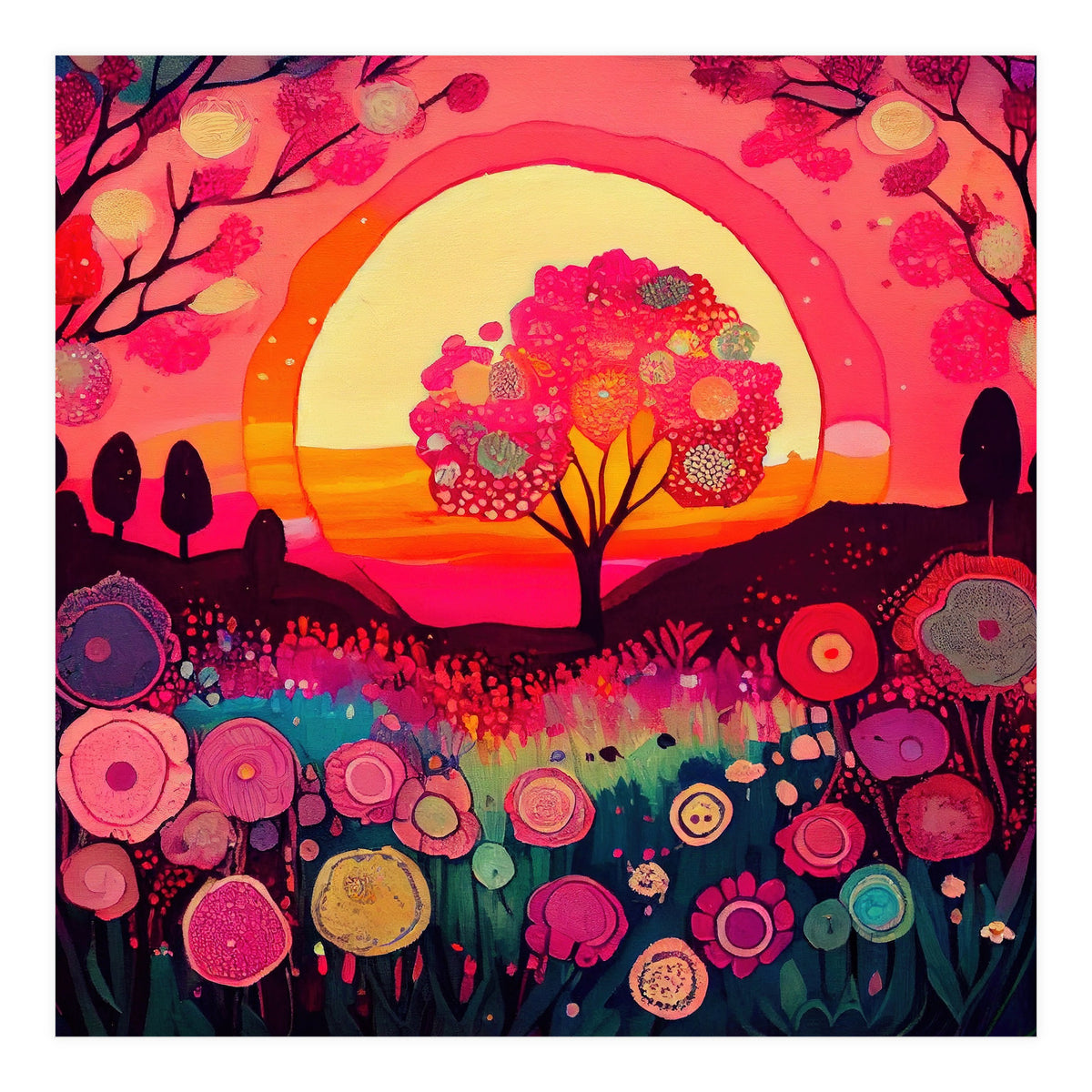 Folk Sunset Blossoming Tree (Print Only)