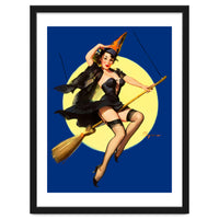 Pinup Sexy Witch Posing On A Broom