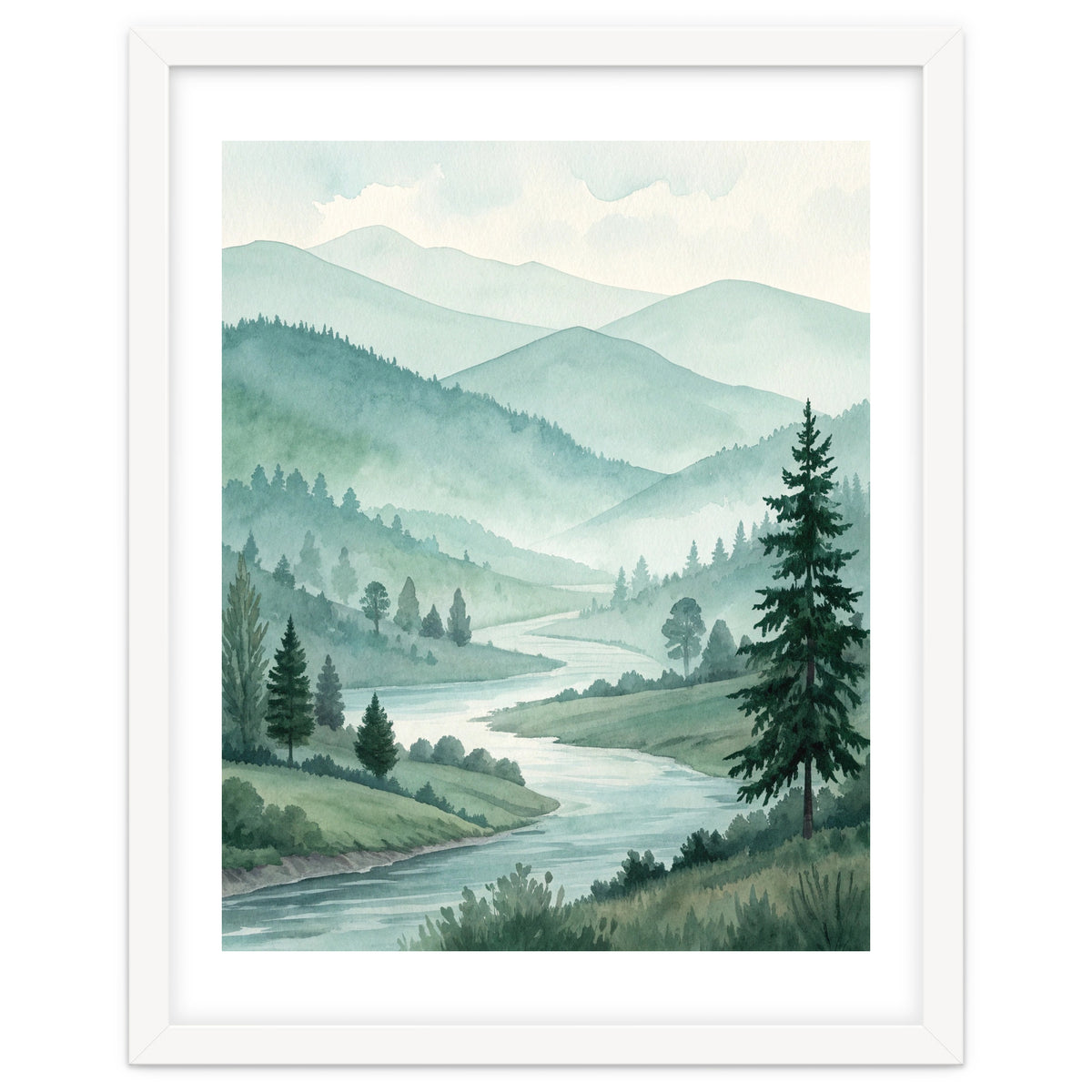 Serene Misty Mountain Valley Watercolor Painting
