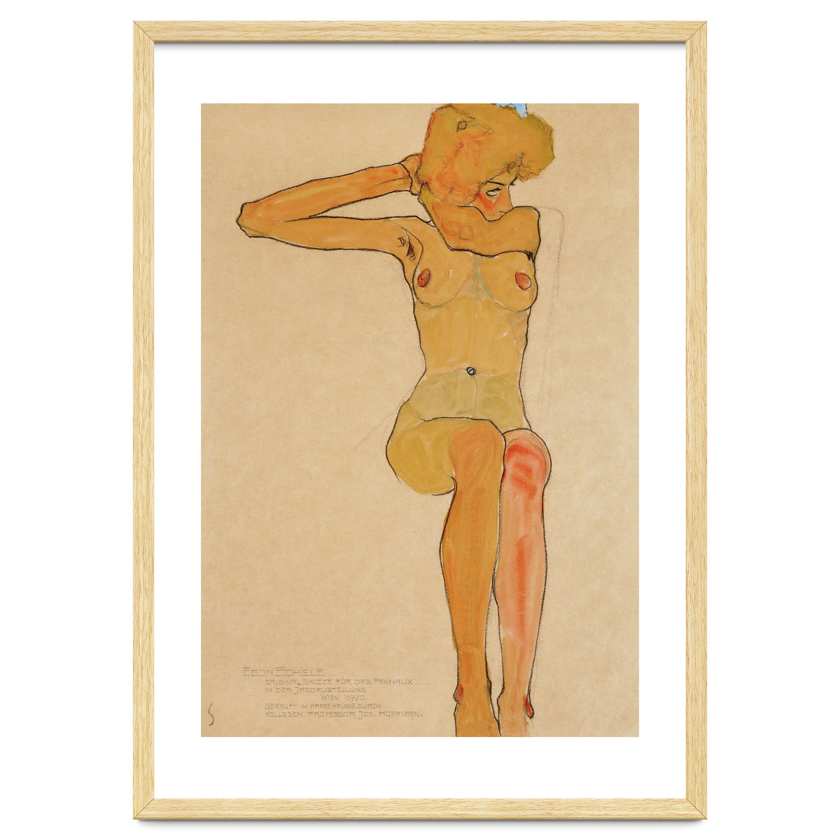 Seated female nude with raised right arm,1910 Gouache,.