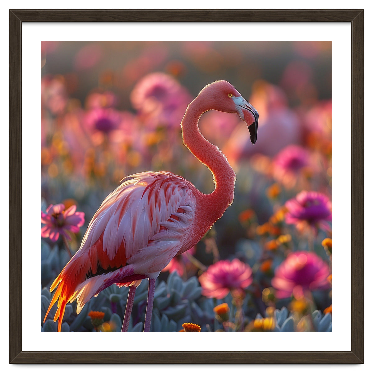 Pink Flamingo Standing In A Field Of Flowers