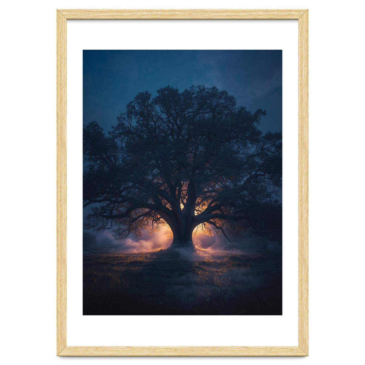 Ancient Mystical Oak Silhouette at Twilight with Ethereal Wisps
