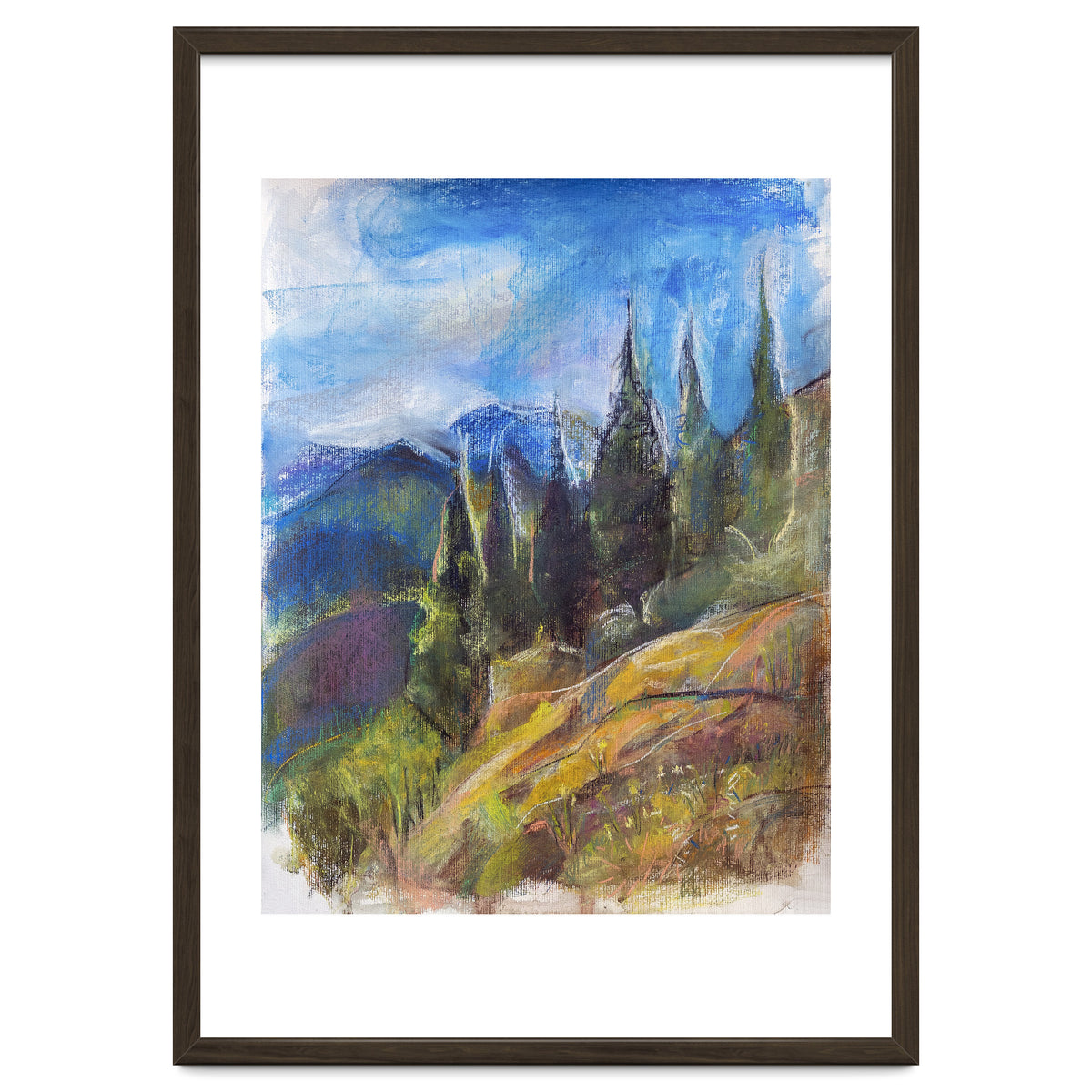 Pastel drawing of an Alpine Pine Forest