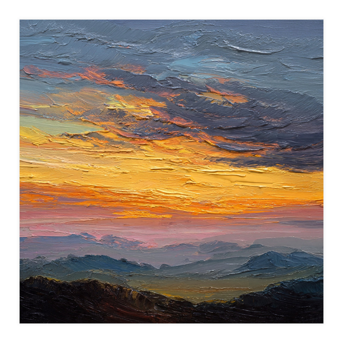 Vibrant Golden Hour Horizon Over Distant Mountain Ridges (Print Only)