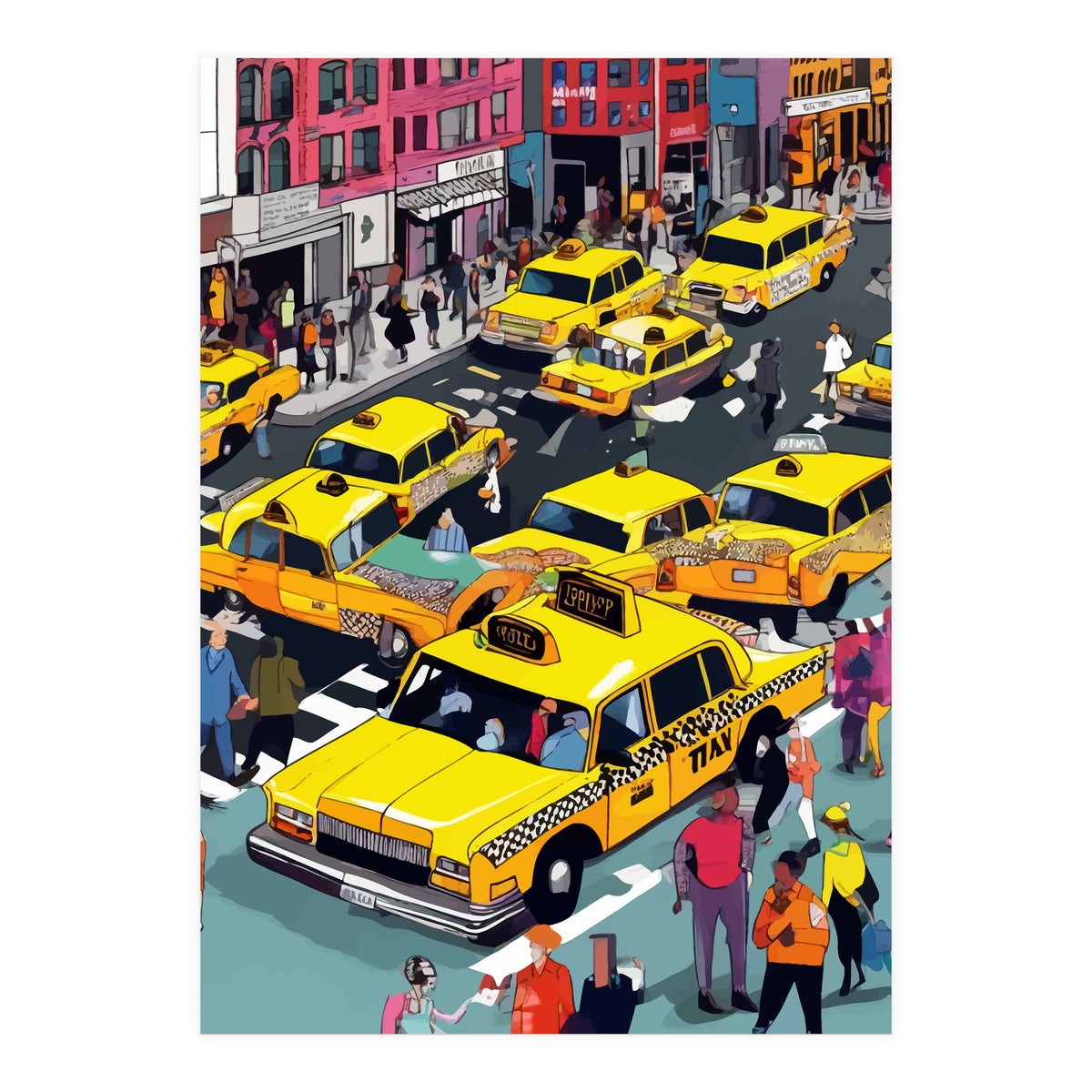 New York Minute, Yellow Taxi Cab Manhattan Downtown Busy Street, Traffic People Buildings Times Square Eclectic Road Architecture (Print Only)