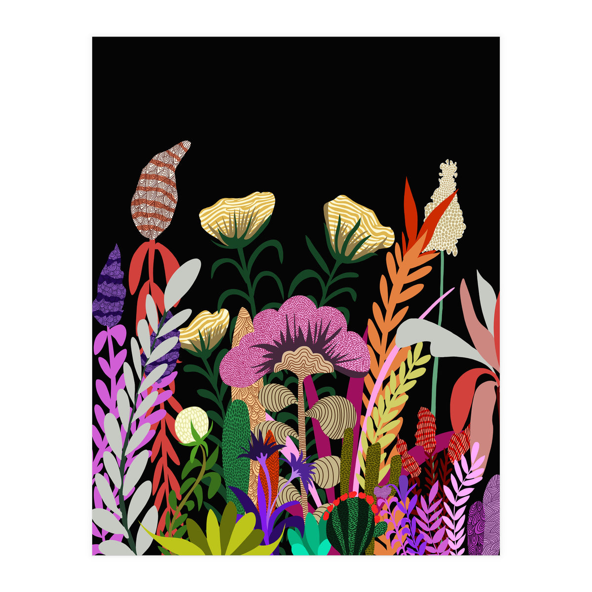 Dark Garden, Eclectic Bold Floral Botanical Nature, Colorful Mystery Bohemian Flowers Plants (Print Only)