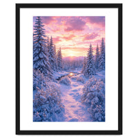 Winter Sunset Glow: Serene Snowy Forest and Frozen Creek