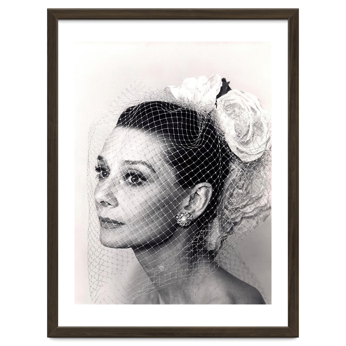 Audrey Hepburn with Veil, Classic Hollywood Glamour Photography, Black and White Icon Portrait