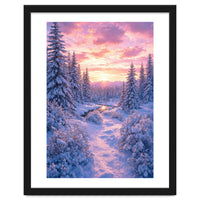 Winter Sunset Glow: Serene Snowy Forest and Frozen Creek