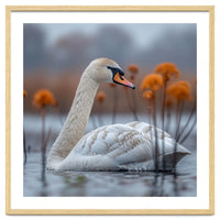 White Swan Swimming In A Lake With Reeds