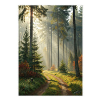 The Golden Path: Ethereal Sunbeams Piercing Through a Misty Evergreen Forest at Dawn (Print Only)