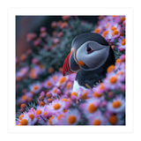 Puffin Bird Among Pink Flowers  (Print Only) thumbnail