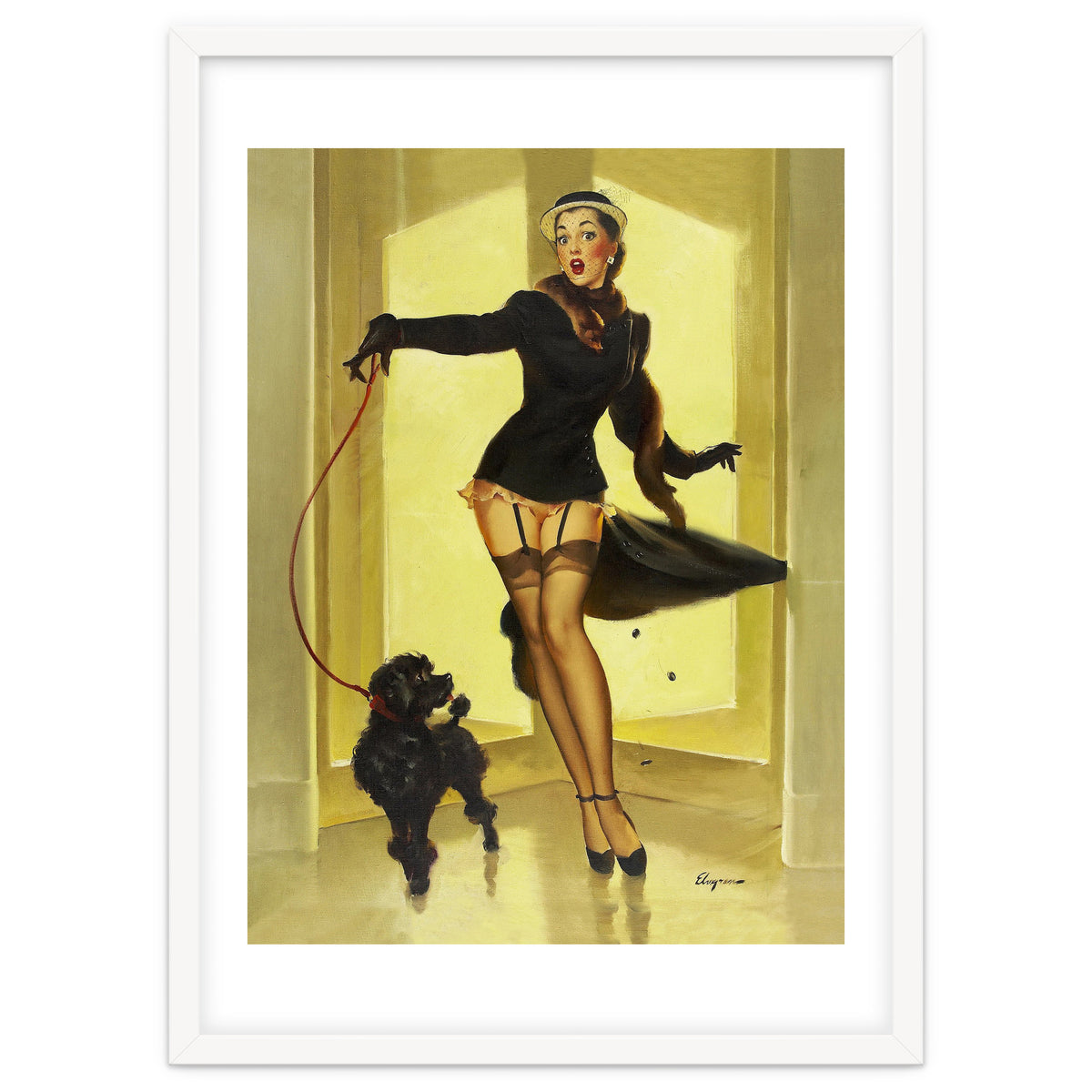 Pinup Girl In Black Dress On A Hall Experiencing Sudden Wind
