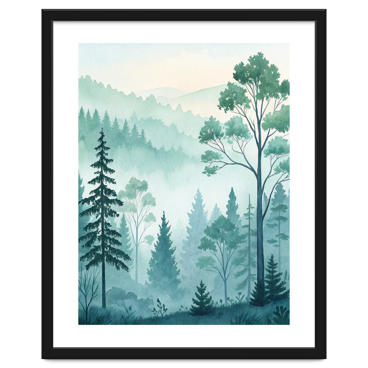 Ethereal Misty Pine Forest Watercolor Art
