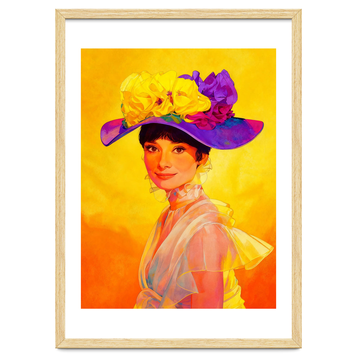 Audrey Hepburn Pop Art, Vibrant Floral Hat Portrait, Iconic Movie Star Illustration