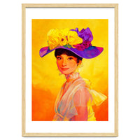 Audrey Hepburn Pop Art, Vibrant Floral Hat Portrait, Iconic Movie Star Illustration