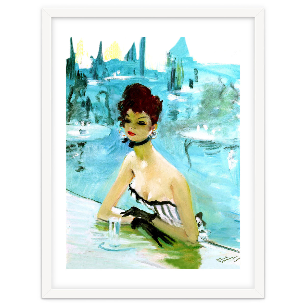 Pinup Girl In Cafe, Watercolor Painting