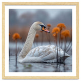 White Swan Swimming In A Lake With Reeds thumbnail