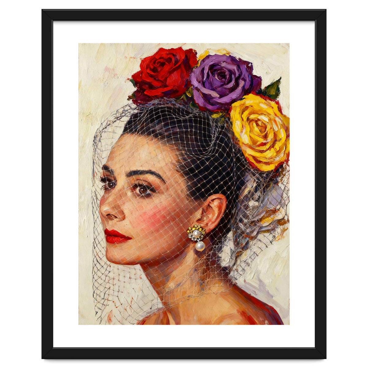Audrey Hepburn, Impasto Floral Veil Portrait, Classic Hollywood Oil Painting,