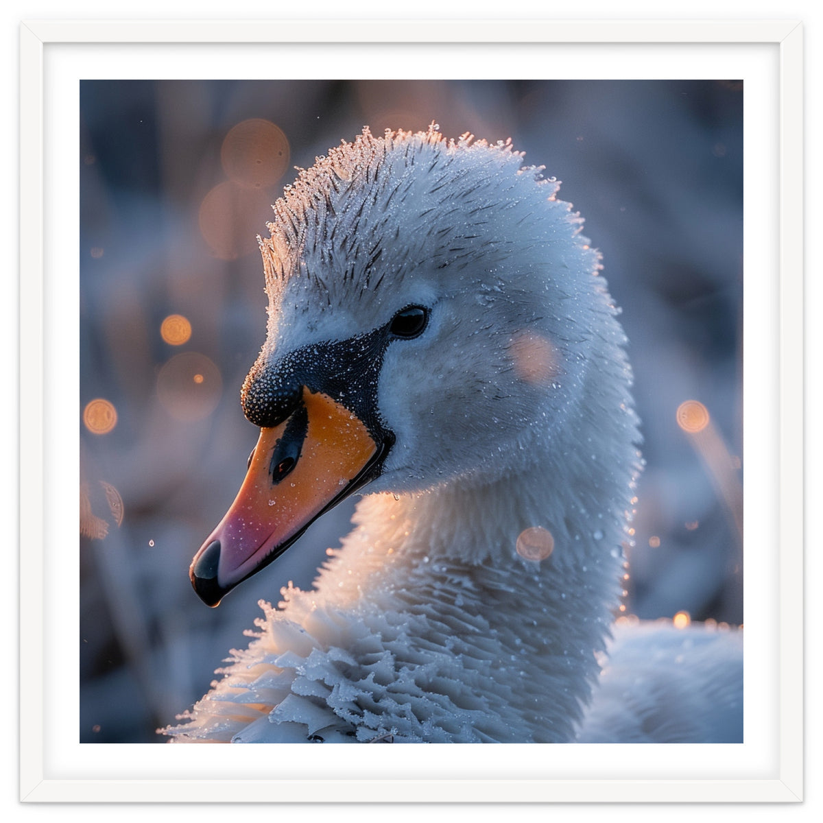 Close Up Frosty Swan Head During Golden Hour