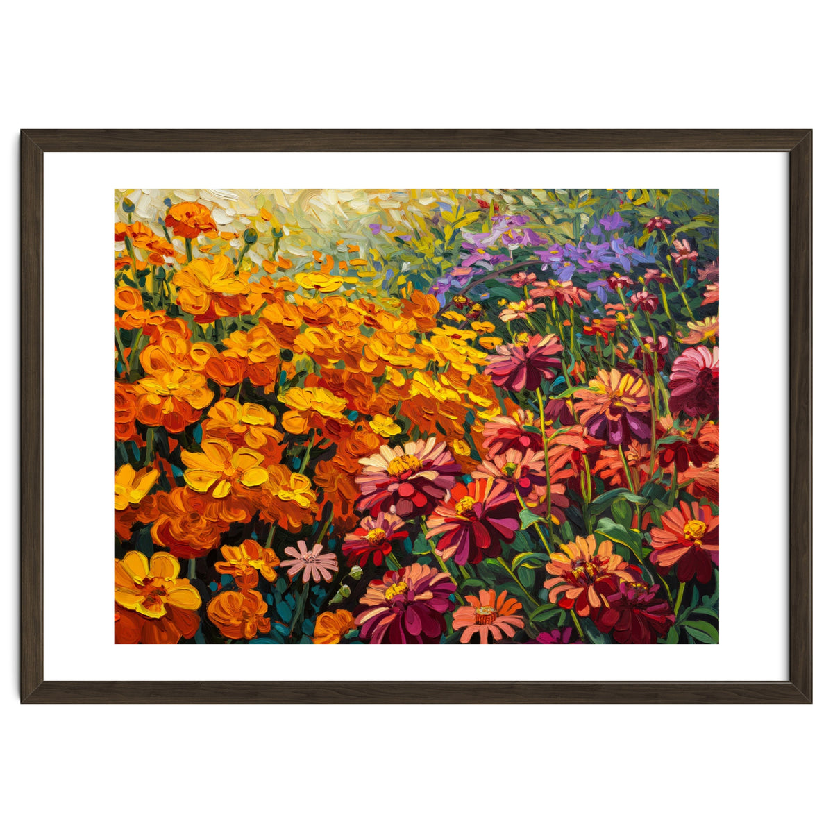 Radiant Summer Zinnia and Marigold Meadow Oil Painting