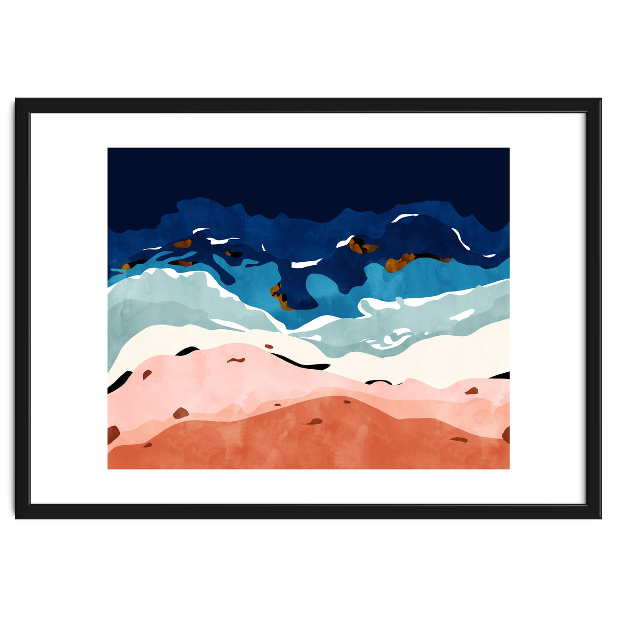 Ocean Heart, Abstract Sea Waves, Tropical Travel Watercolor Painting, Eclectic Bohemian Beach Nature