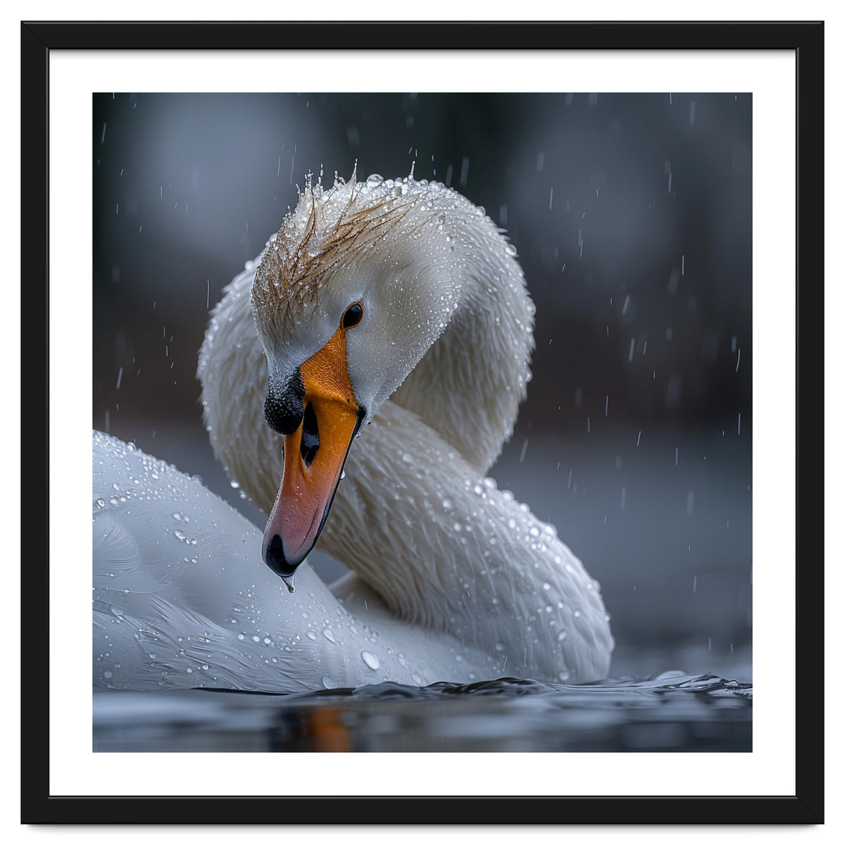 White Swan Bird With Water Droplets In Rain