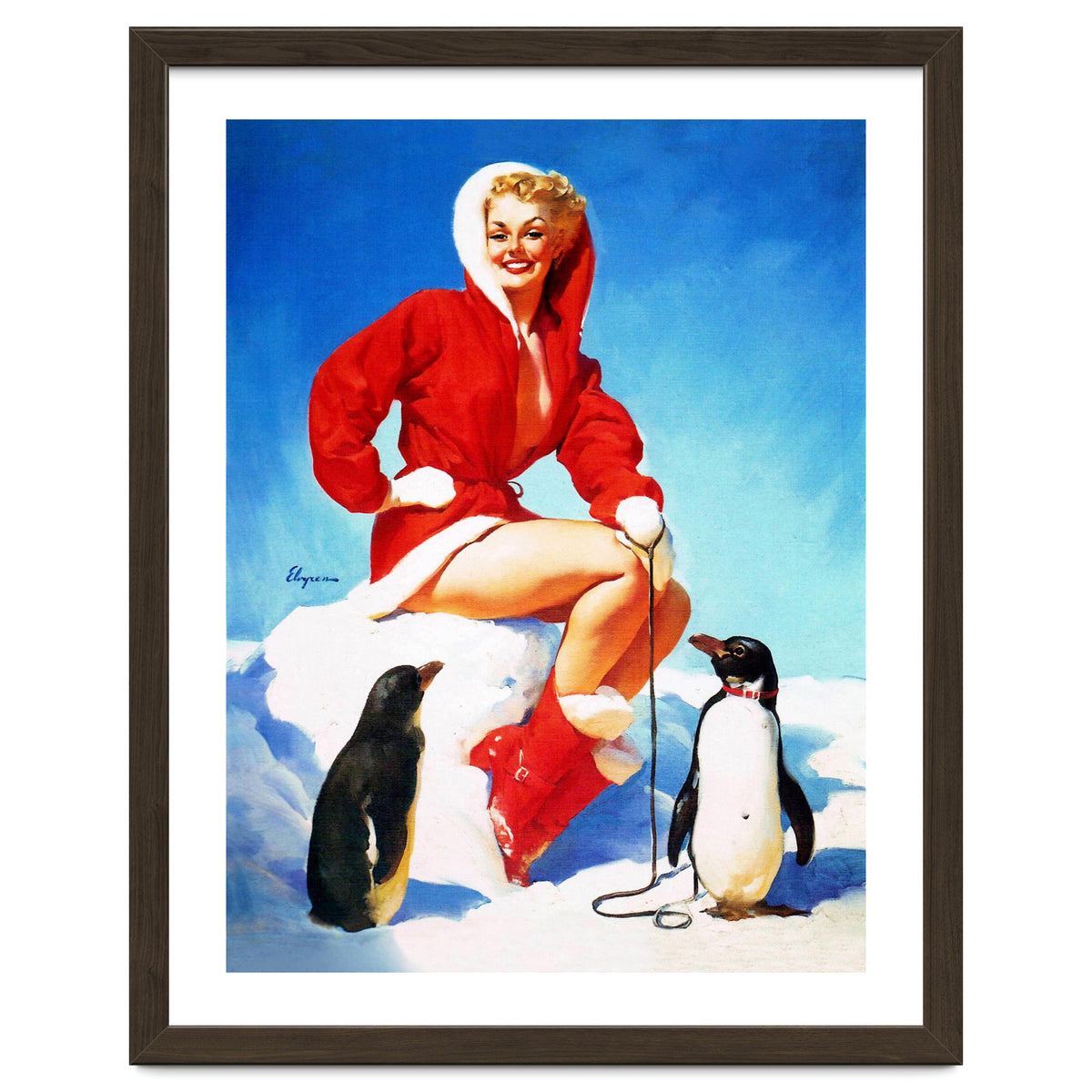 Pinup Sexy Woman Posing With Two Penguins