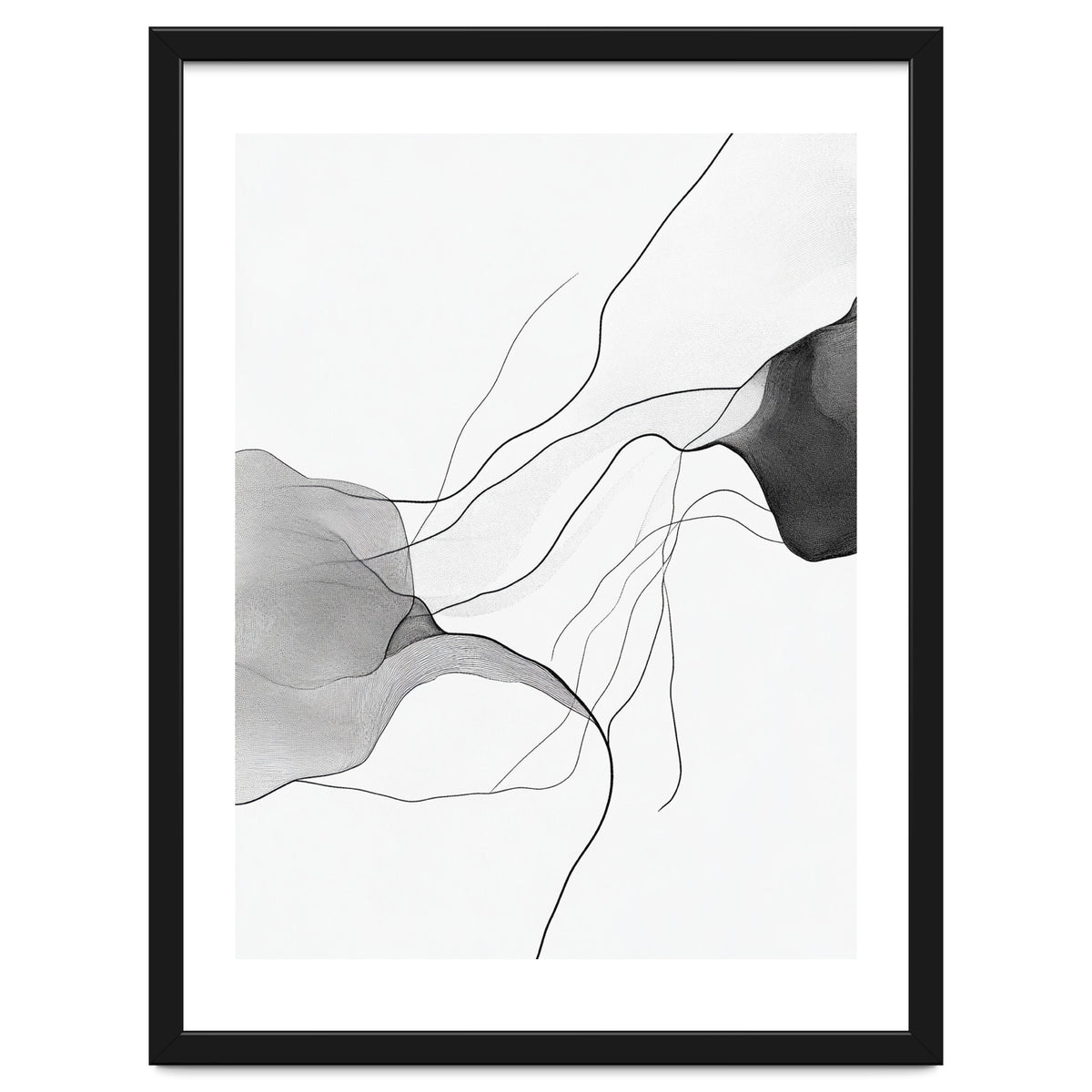 Abstract Black And White Flowing Lines And Shapes On White Background