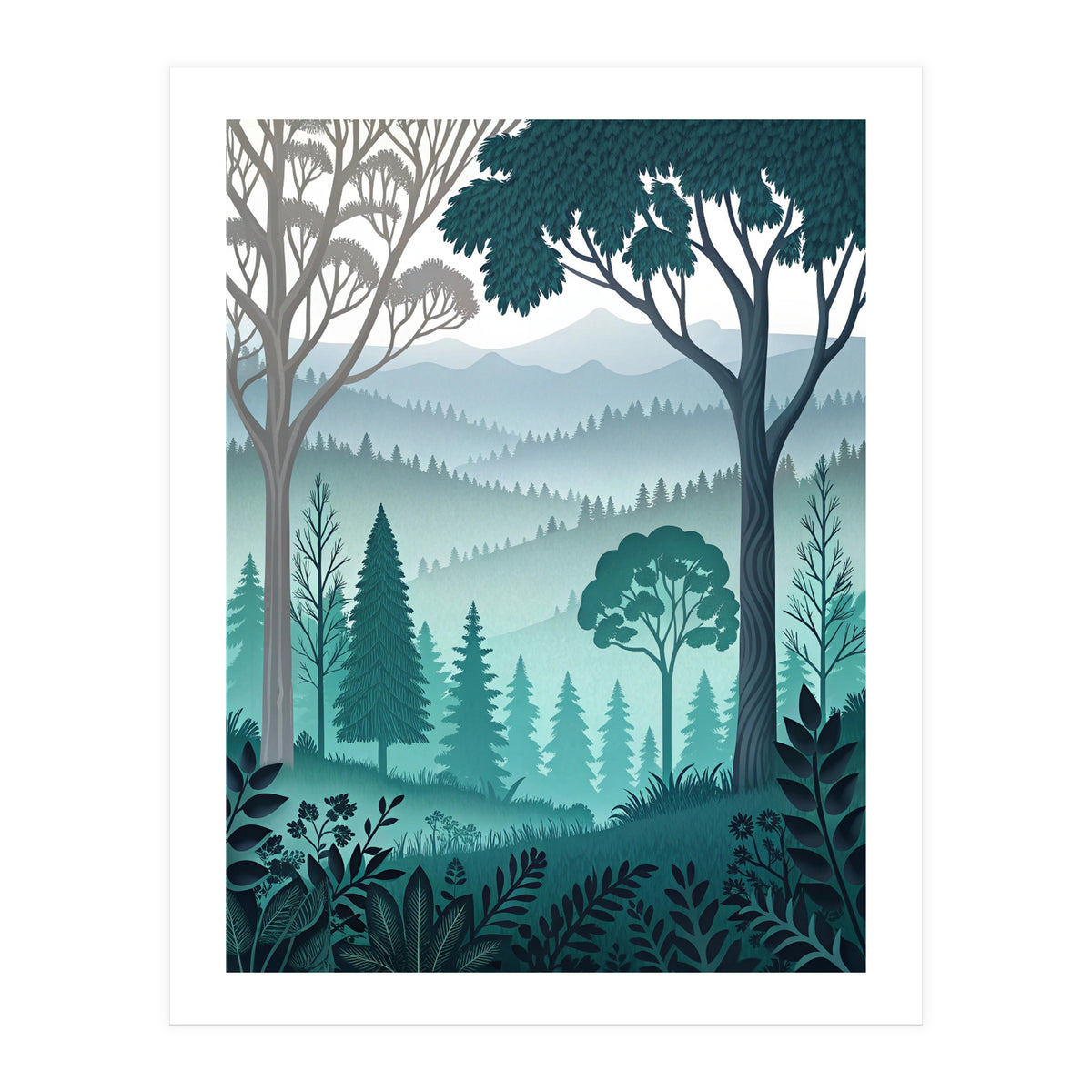 Vibrant Silhouettes in the Misty Teal Highlands (Print Only)