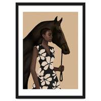 Woman In Bold Print With Black Horse