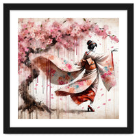 Geisha Under Cherry Blossoms In Motion