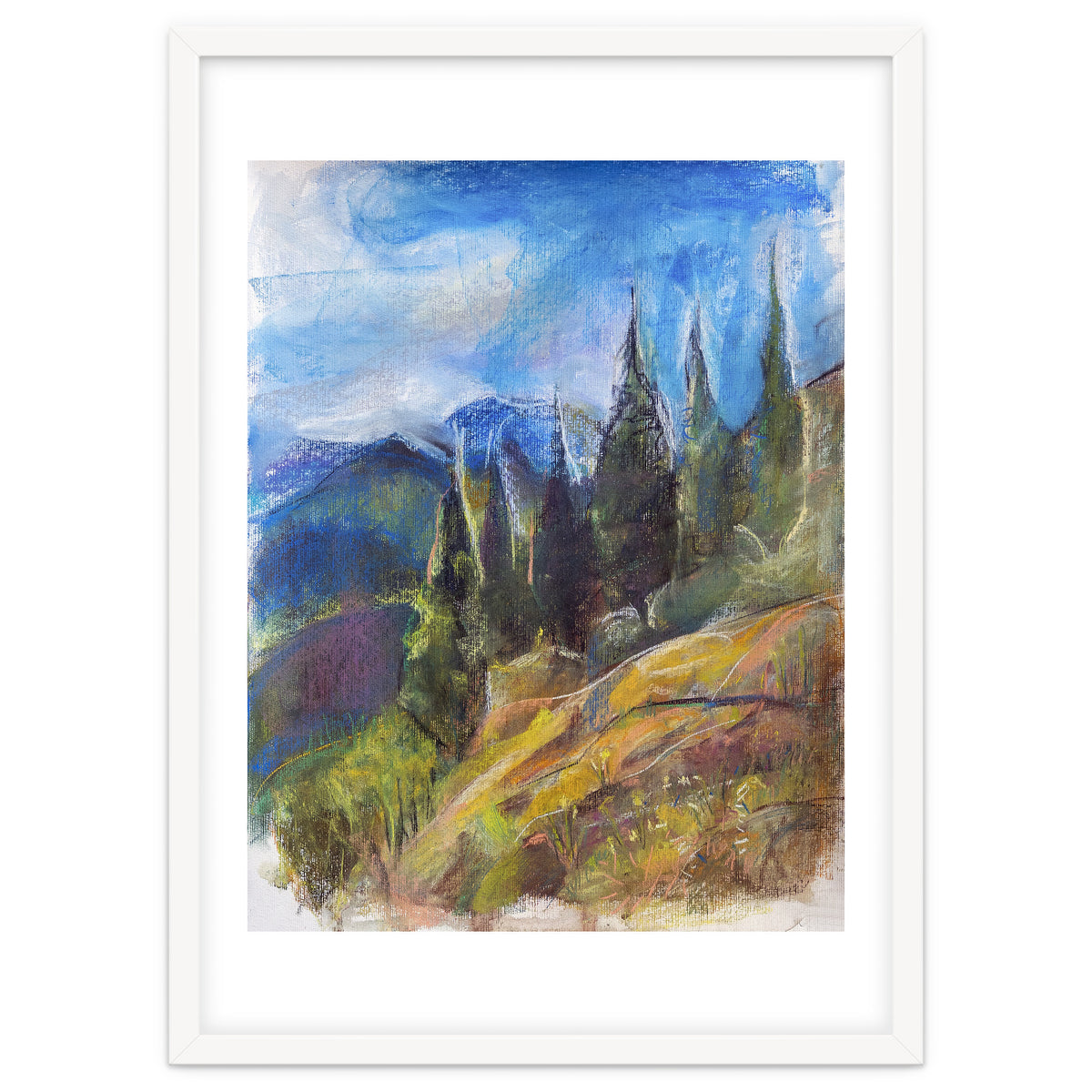 Pastel drawing of an Alpine Pine Forest