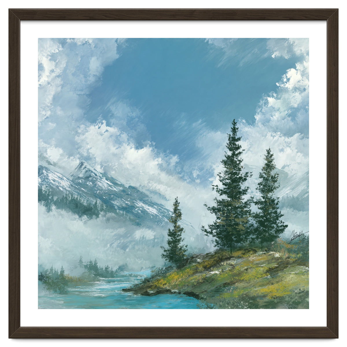 Ethereal Alpine River Valley with Snow-Capped Mountains