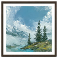 Ethereal Alpine River Valley with Snow-Capped Mountains