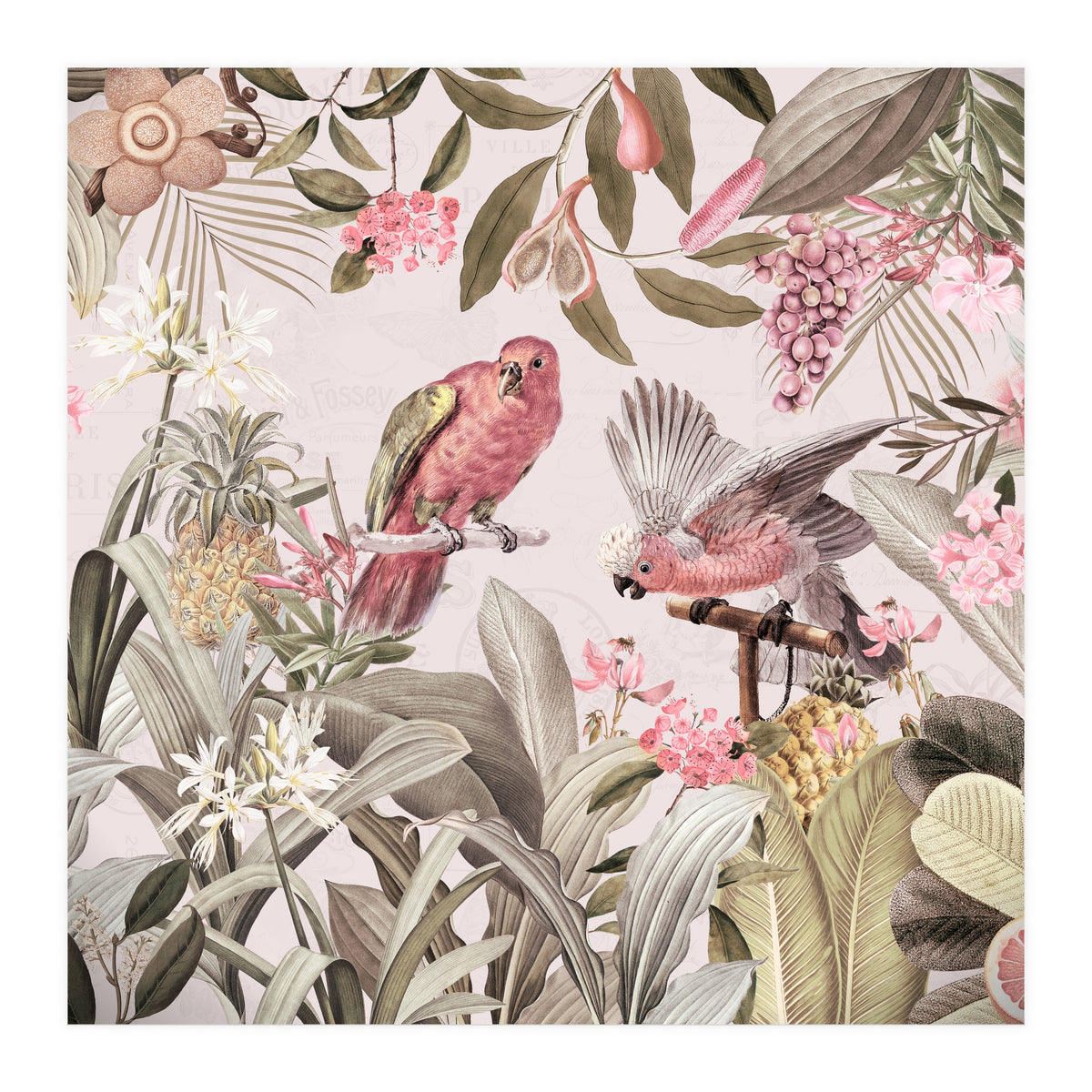 Colorful Parrots In Flower And Fruit Tropical Jungle (Print Only)