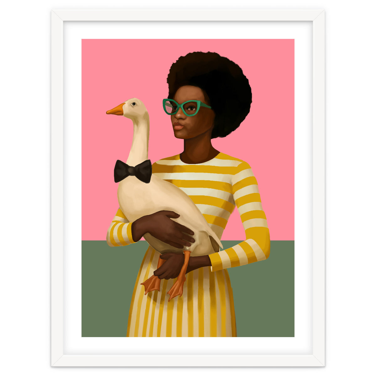Stylish Woman Holding Goose In Striped Dress
