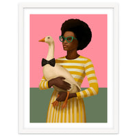 Stylish Woman Holding Goose In Striped Dress