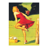 Pinup Girl In Red Dress Crossing The Barbed Wire While Looking At The Bull (Print Only) thumbnail