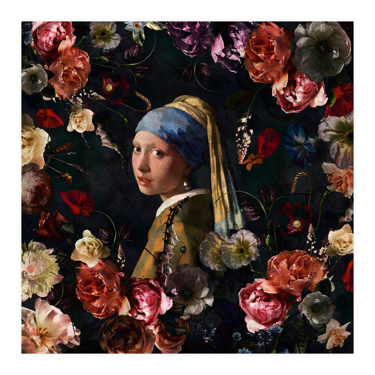 Girl With Pearl Earring And Flowers (Print Only)