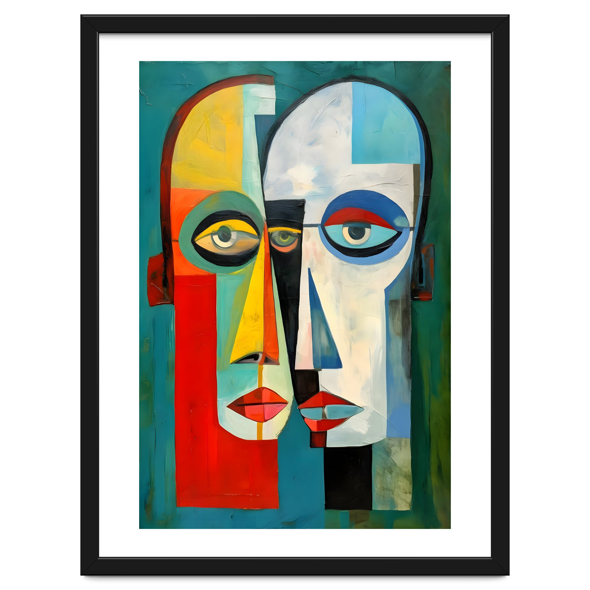 INSEPERABLE #02, Abstract robotic looking heads merged in bright vivid hues with emphasis on the eyes.