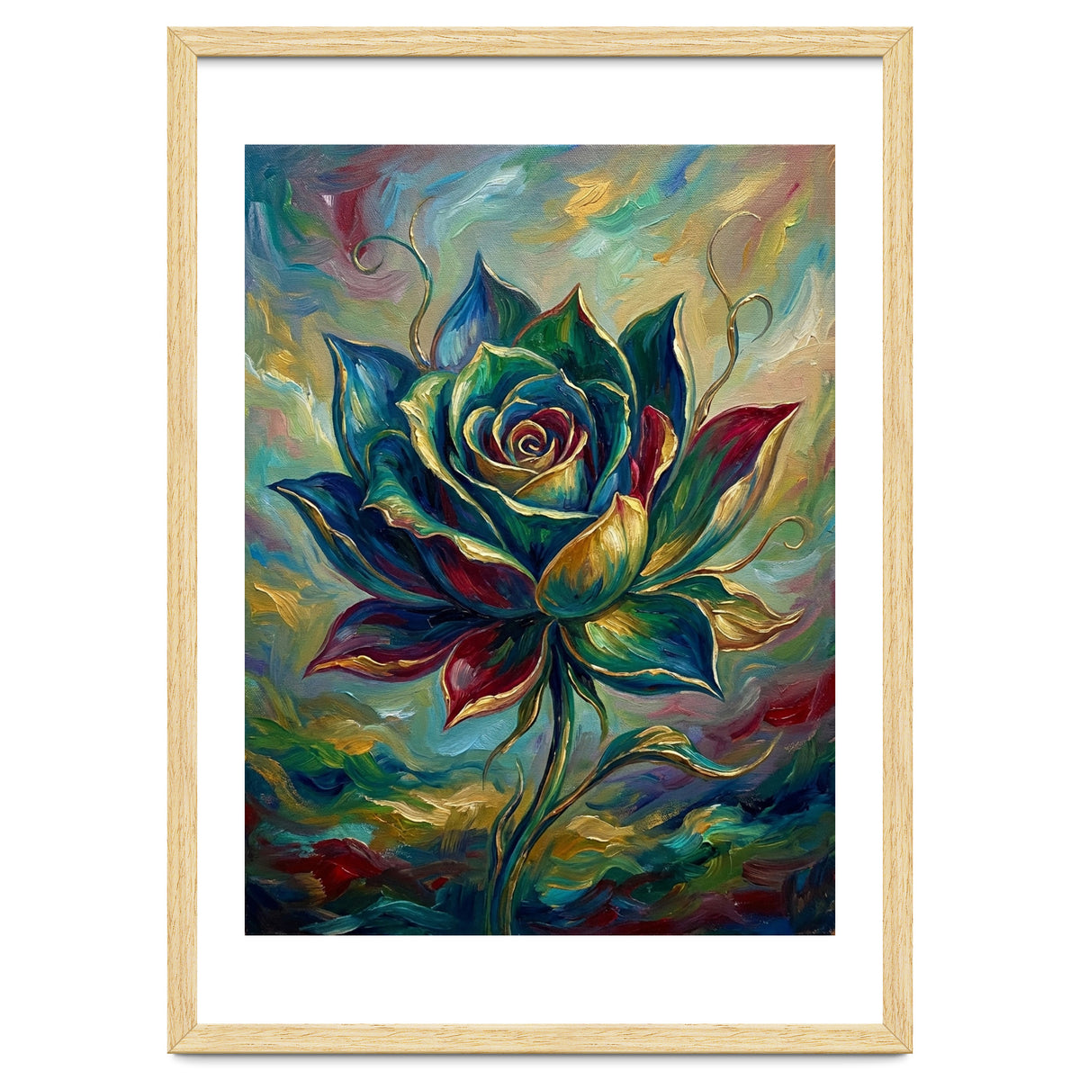 Enchanted Teal and Gold Rose Impasto Oil Painting