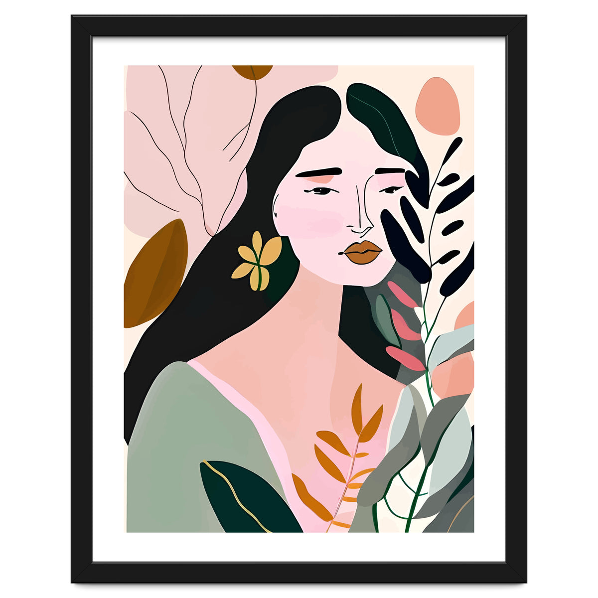 Reinvent, Beautiful Woman Girl Pastel Line Art, Minimal Botanical Nature Portrait, Modern Bohemian Drawing Nomadic Summer Self Love