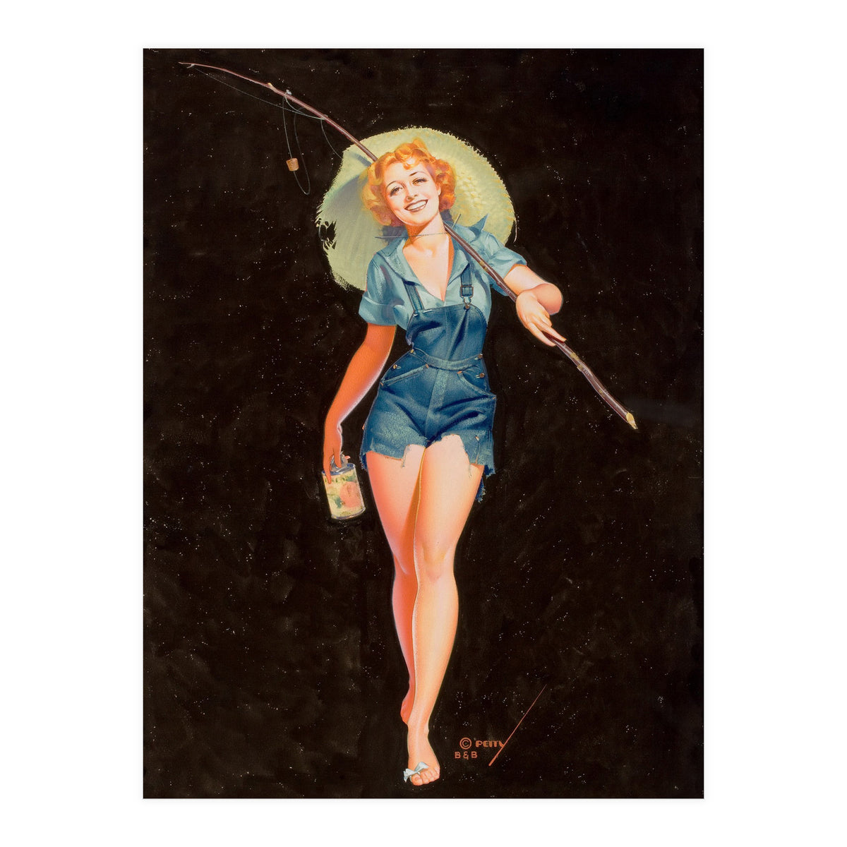 Happy Pinup Girl With A Fishing Stick (Print Only)