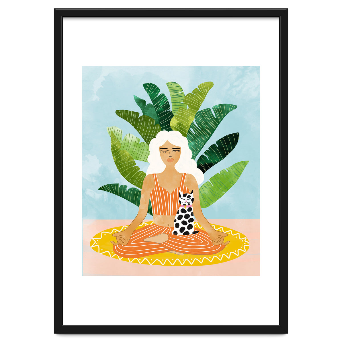 Meditation With Thy Cat Poster | Blonde Woman of Color | Tropical Banana Leaves Quirky Pet Workou